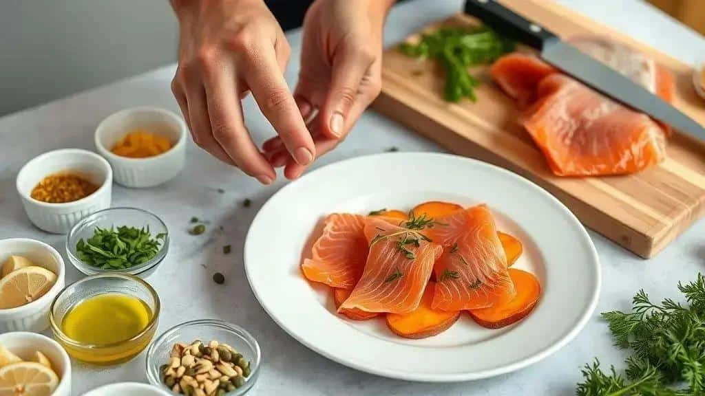 Arranging salmon and sweet potato on a plate Arranging salmon and sweet potato on a plate