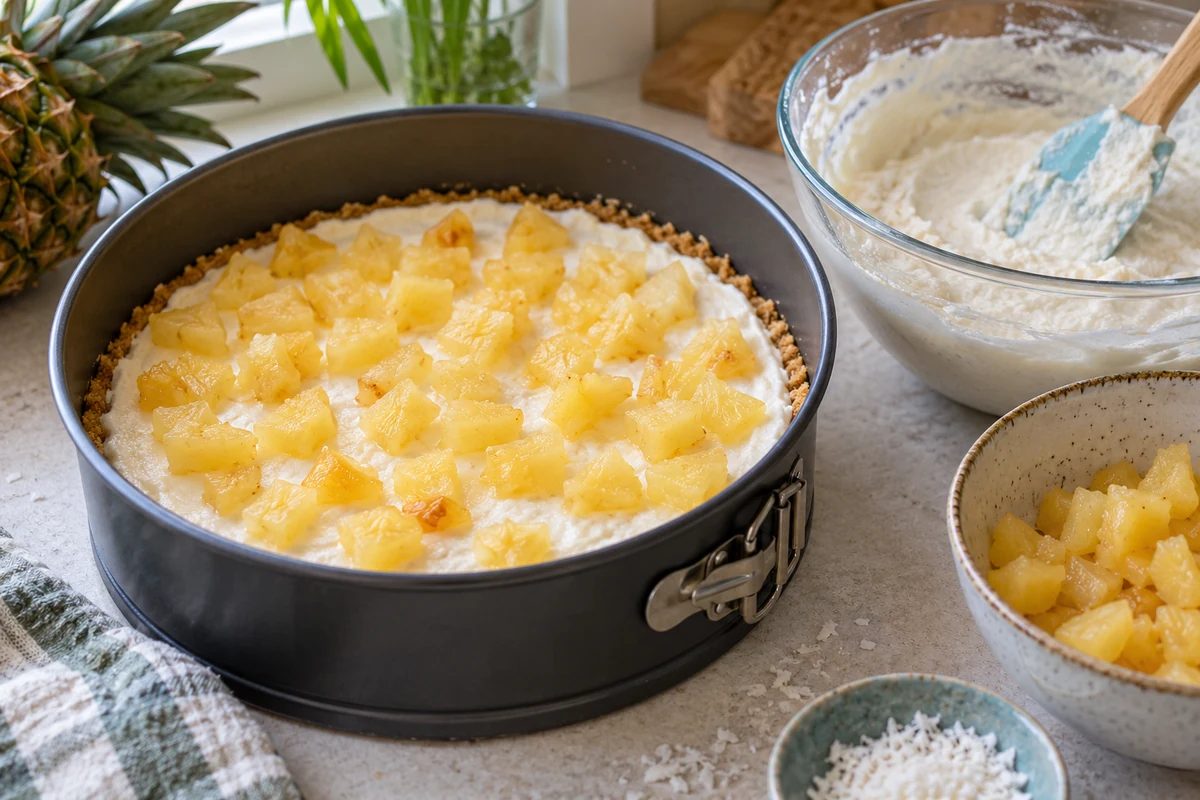 Assembling a pineapple and coconut tart with a biscuit base