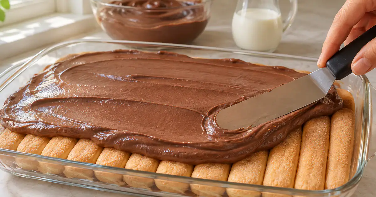 Chocolate cream being spread over sponge fingers
