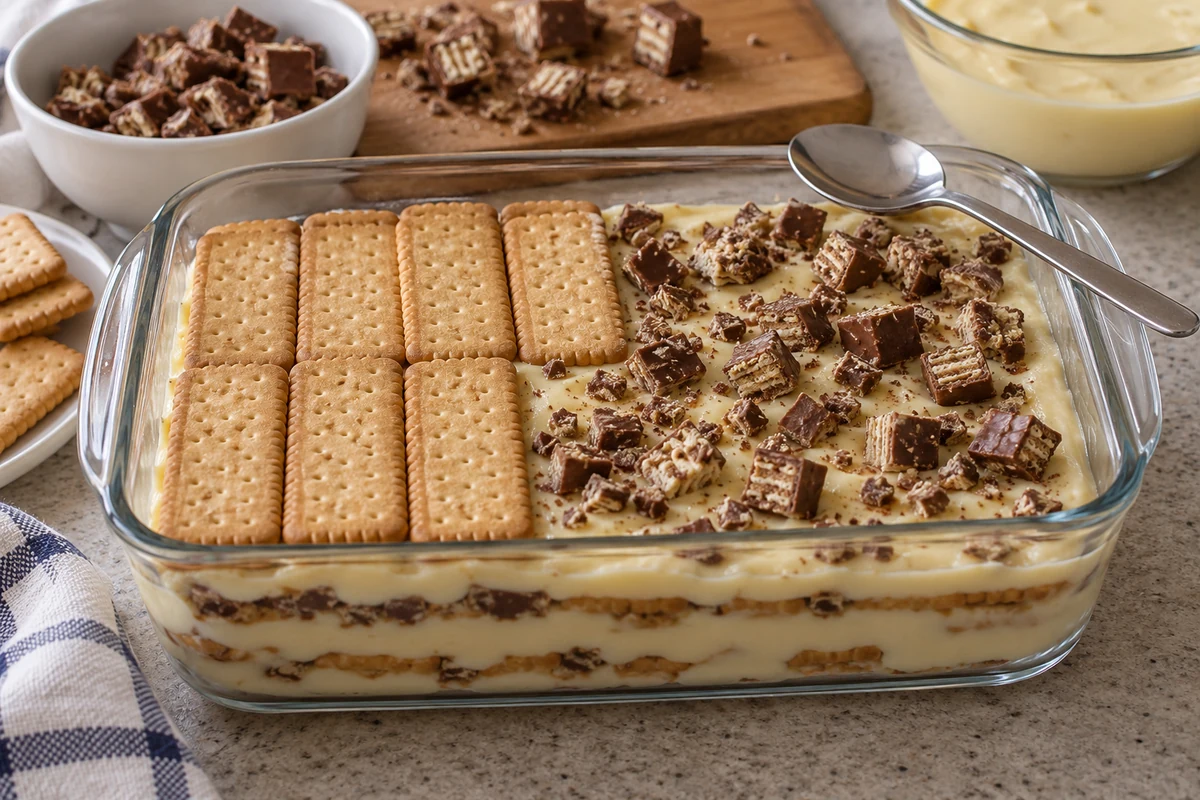 Assembling custard biscuits and chocolate wafer pieces in a glass dish