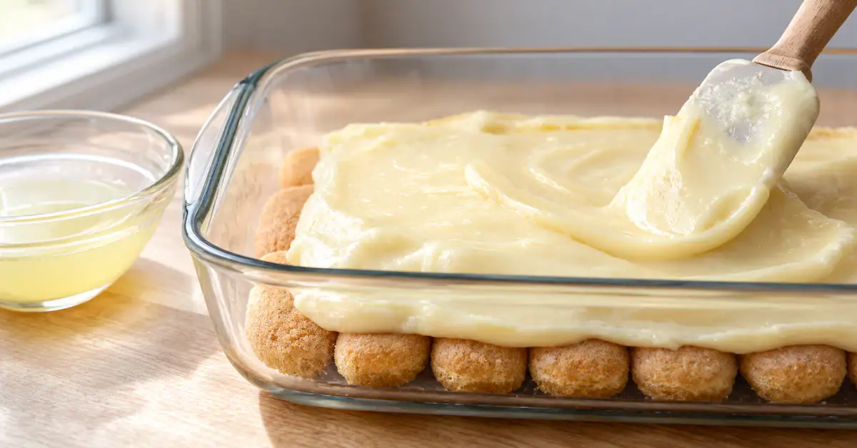 Lemon filling spread over sponge fingers