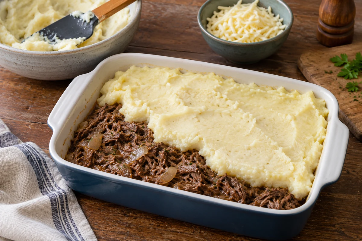 Assembling shredded beef and cassava mash pie Assembling shredded beef and cassava mash pie