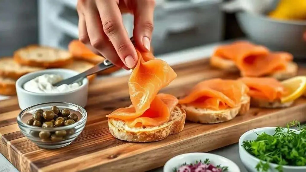 Assembling smoked salmon and cream cheese canapés