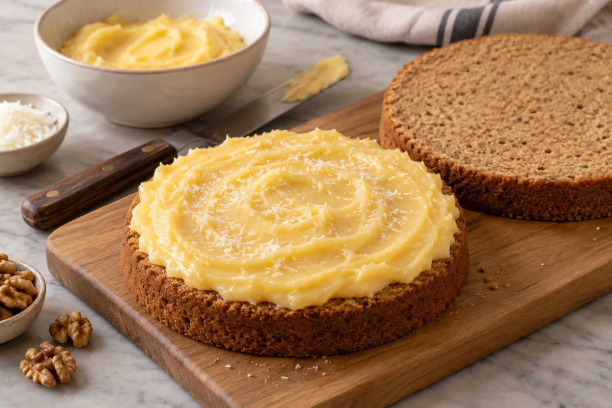 Assembling walnut cake layers with coconut custard