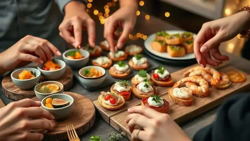Assorted canapes and prawns on festive serving boards