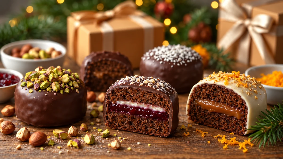 Assorted chocolate-coated honey cakes with colourful toppings and fillings Assorted chocolate-coated honey cakes with colourful toppings and fillings