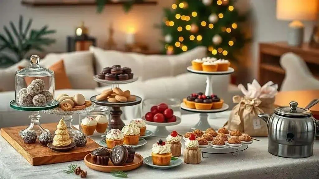 Assorted Christmas cakes sweets and serving stands Assorted Christmas cakes sweets and serving stands