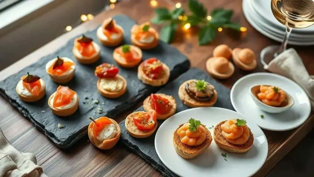 Assorted festive canapés arranged on slate and porcelain Assorted festive canapés arranged on slate and porcelain