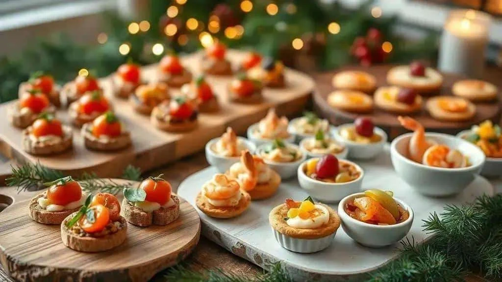 Assorted festive party food with vegetable and seafood bites