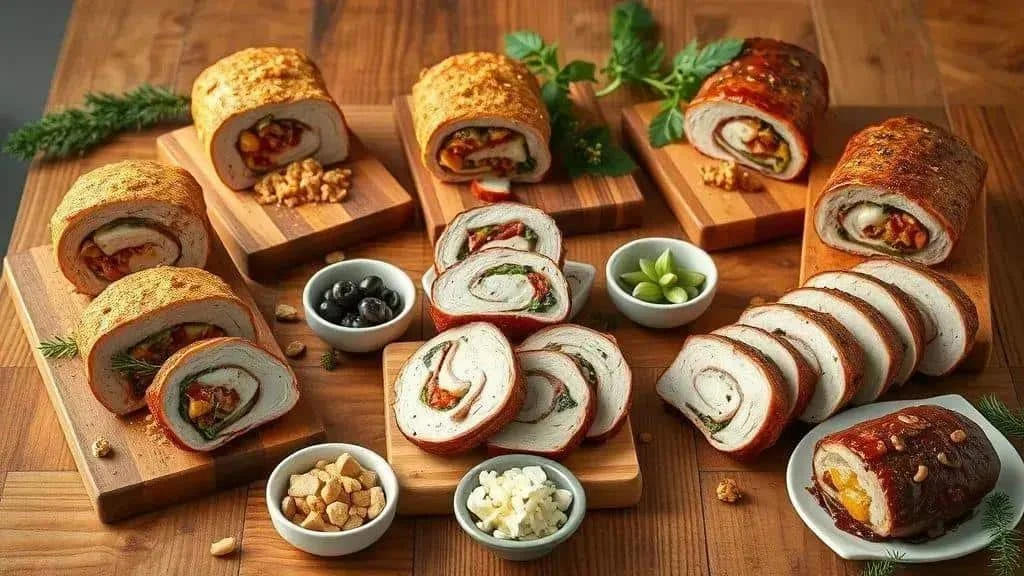 Assorted stuffed pork loin combinations on serving boards