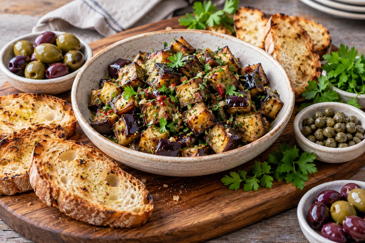 Aubergine antipasto served with bread on a sharing board