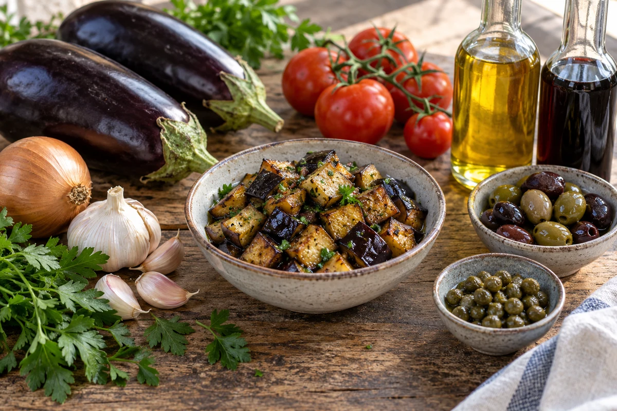 Aubergines, tomatoes, onions, garlic and olive oil