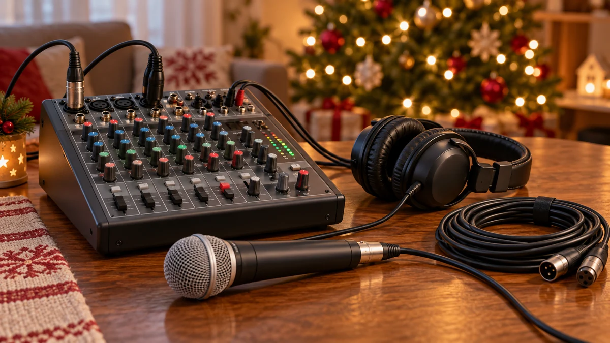 Audio mixer microphone headphones and cable for a Christmas soundcheck