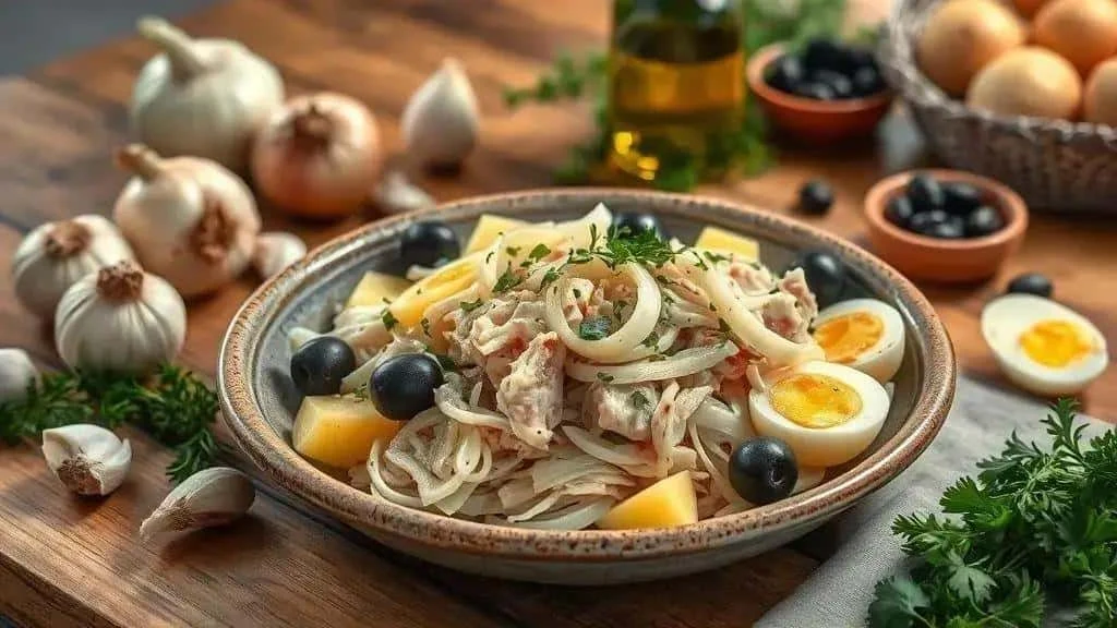Bacalhau a Gomes de Sa with potatoes onion and boiled eggs Bacalhau a Gomes de Sa with potatoes onion and boiled eggs