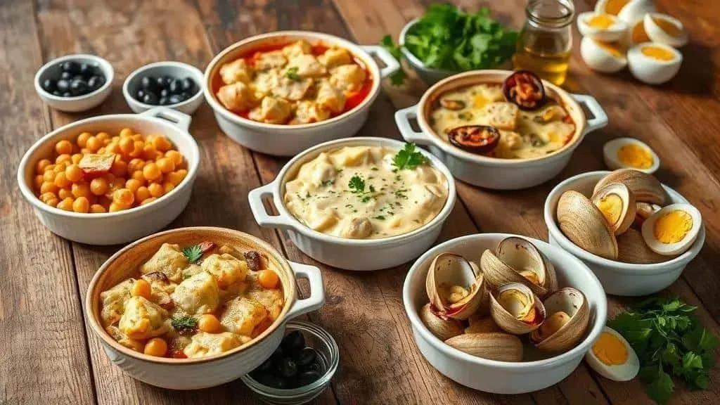 Bacalhoada variations with vegetables and accompaniments Bacalhoada variations with vegetables and accompaniments