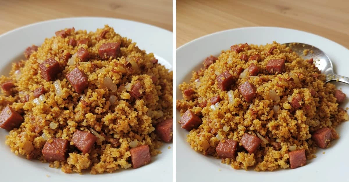 Bacon and calabresa farofa served on a white plate