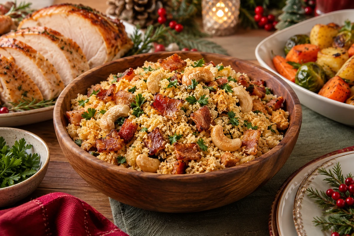 Bacon and nut farofa served at a festive table