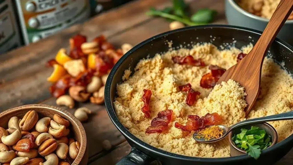 Bacon farofa being stirred in a frying pan