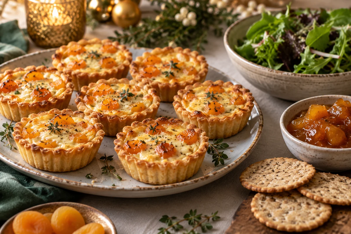 Baked cheese and apricot mini quiches on a serving platter Baked cheese and apricot mini quiches on a serving platter