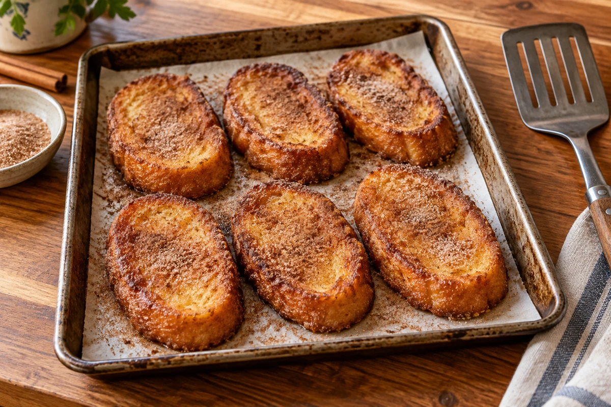 Baked cinnamon French toast on a tray Baked cinnamon French toast on a tray