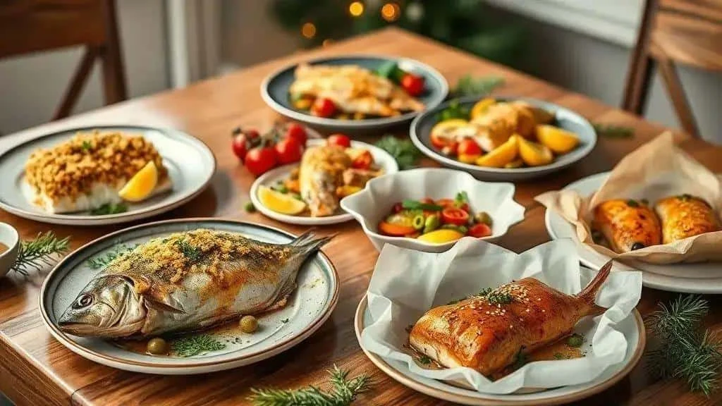 Baked fish variations with herbs and vegetables