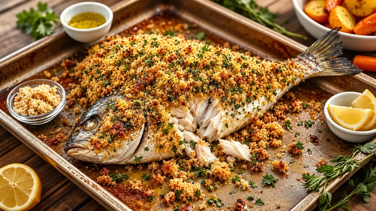 Baked fish with a golden herb crust