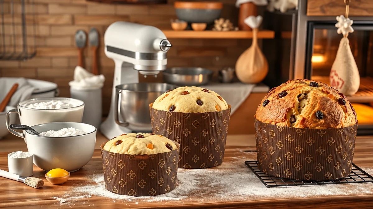 Baked panettone cooling beside risen dough in paper moulds
