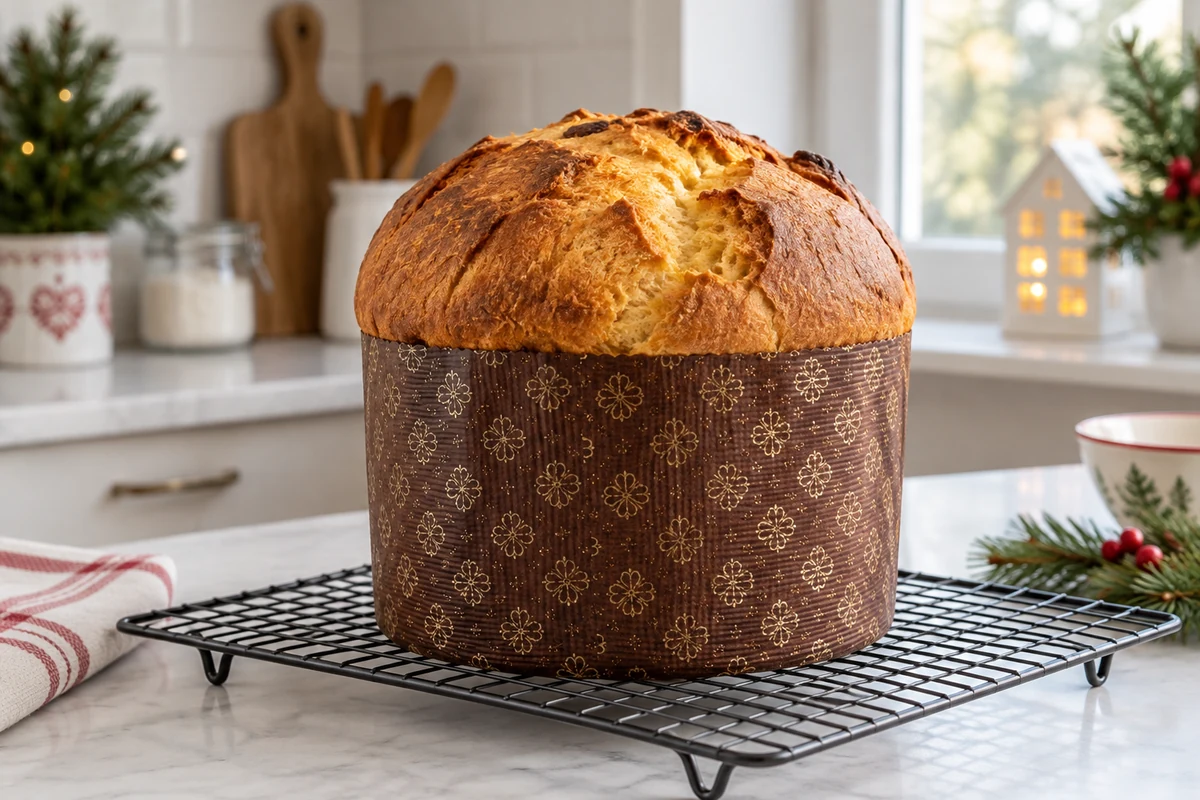 Baked panettone cooling on a wire rack
