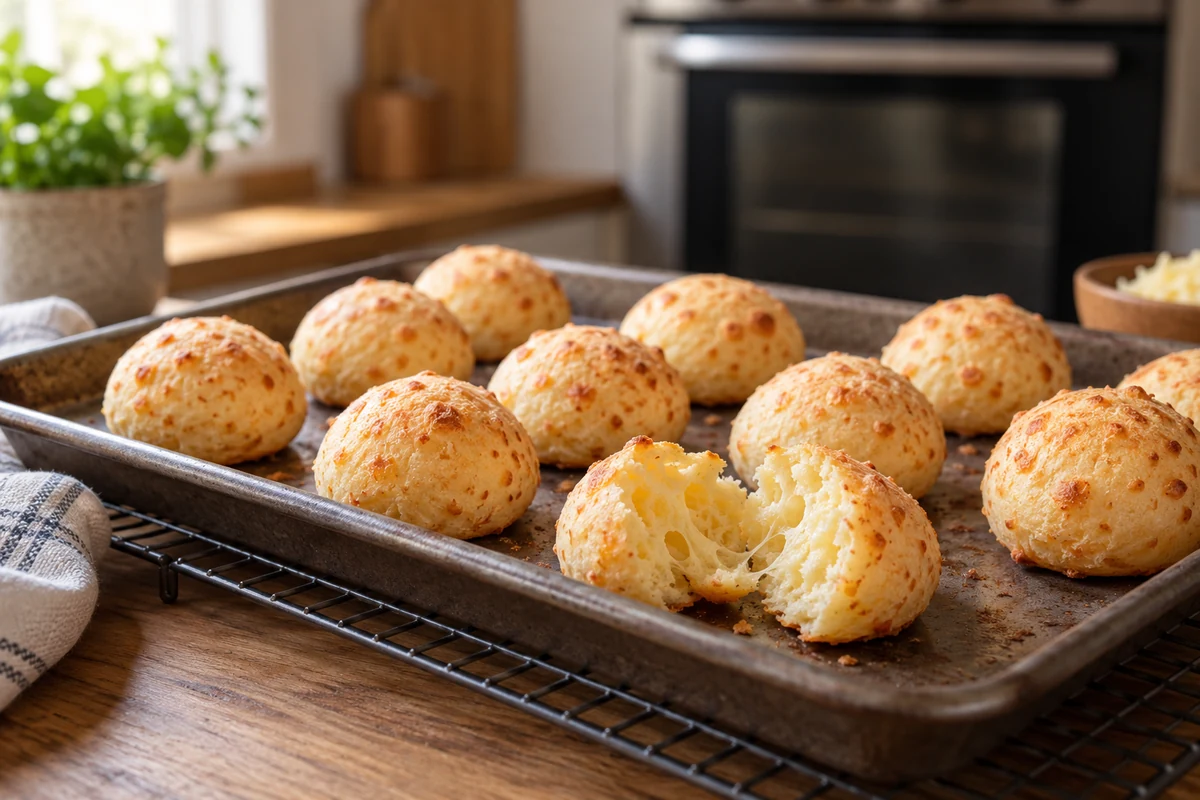 Baked pao de queijo on a tray and cooling rack Baked pao de queijo on a tray and cooling rack