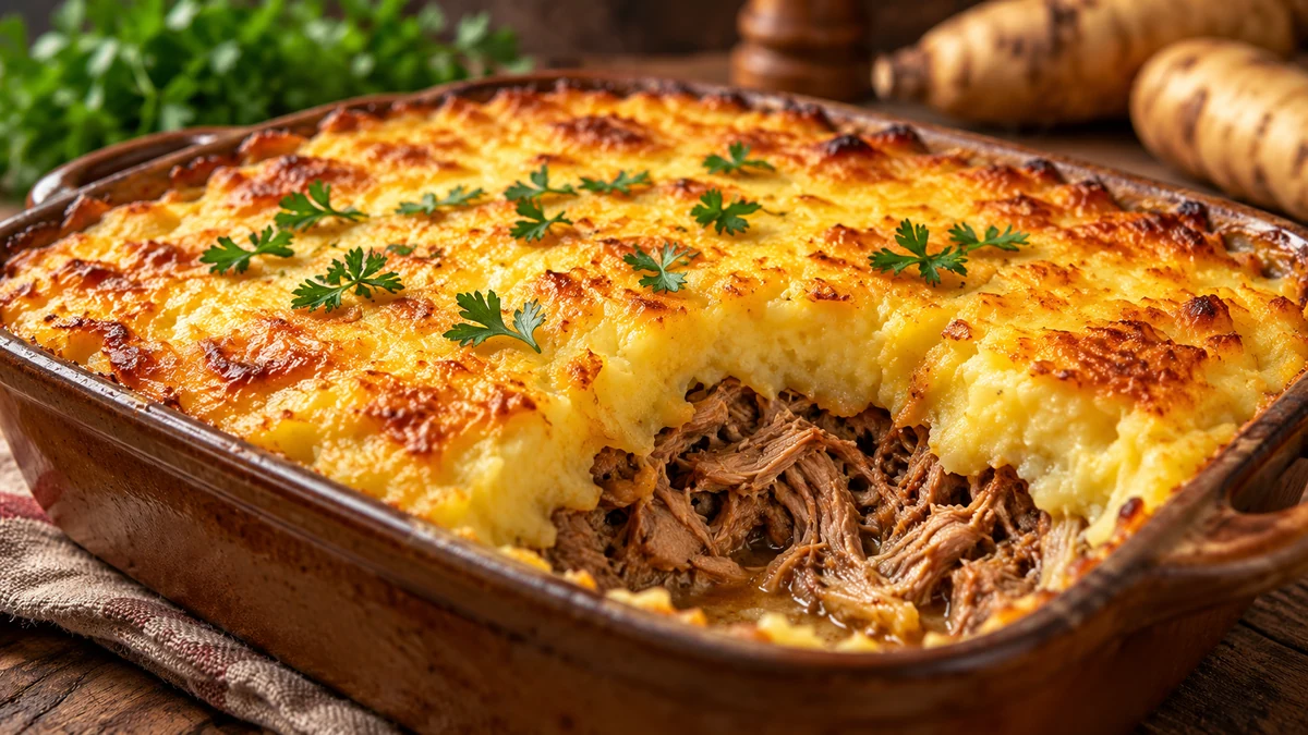 Baked pulled pork escondidinho with arracacha mash