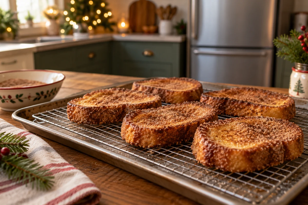Baked rabanada cooling on a wire rack in the kitchen