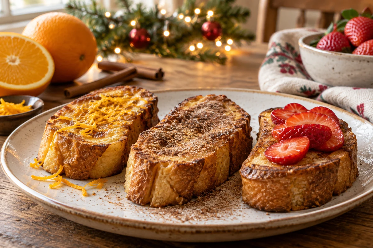 Baked rabanada with orange, cinnamon sugar and strawberries