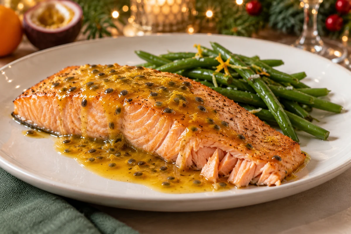 Baked salmon with golden passion fruit sauce