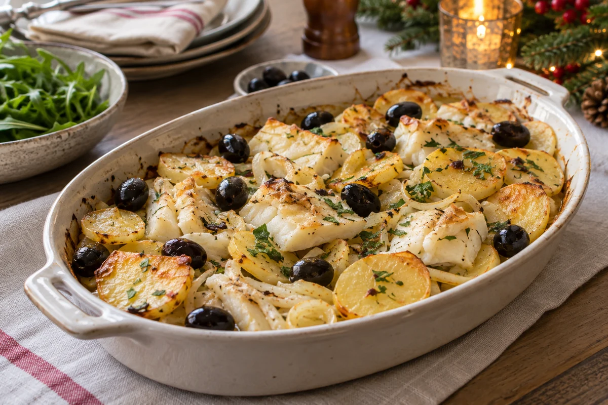 Baked salt cod flakes with sliced potatoes and black olives in a ceramic dish Baked salt cod flakes with sliced potatoes and black olives in a ceramic dish