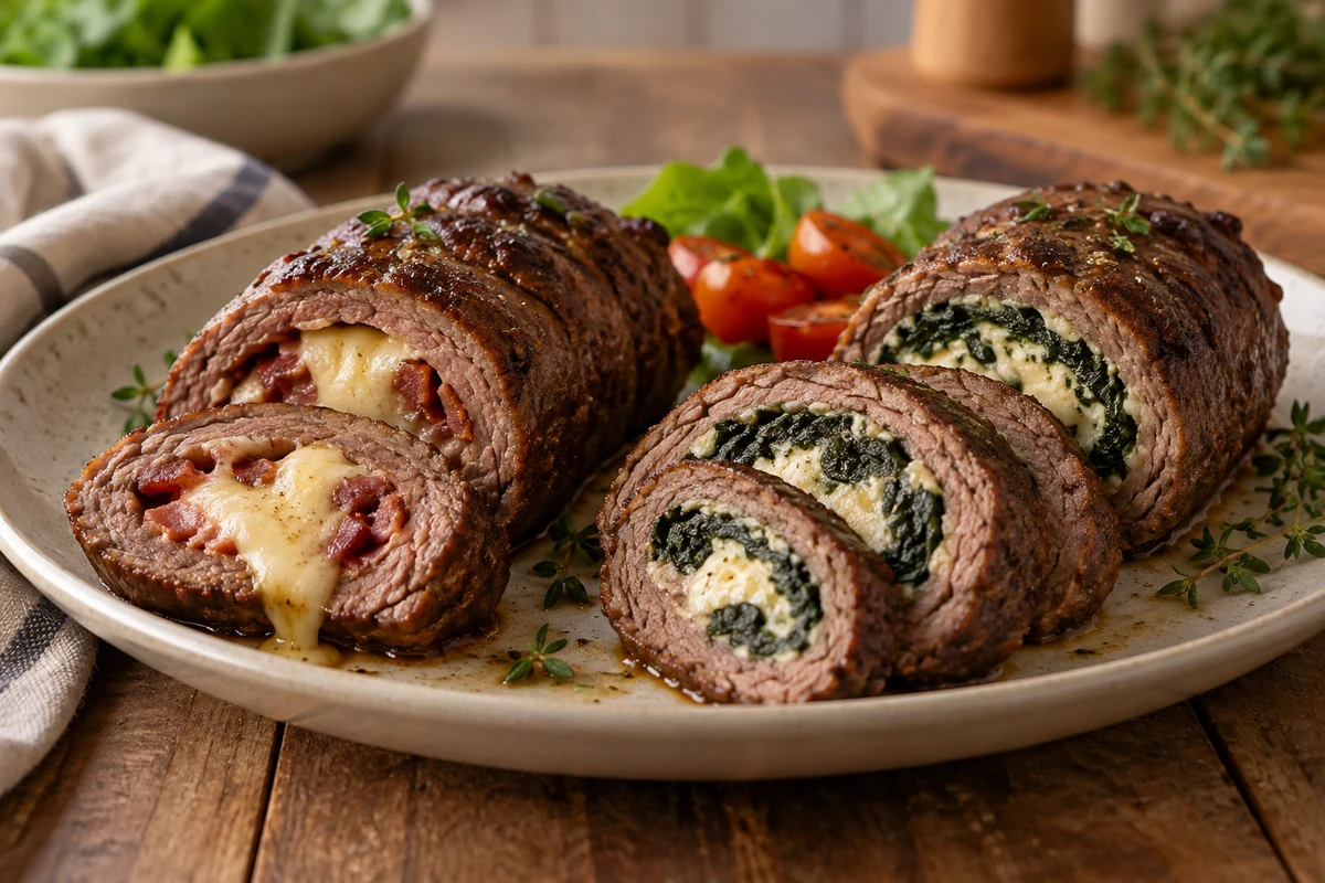 Baked stuffed beef roll on a serving platter