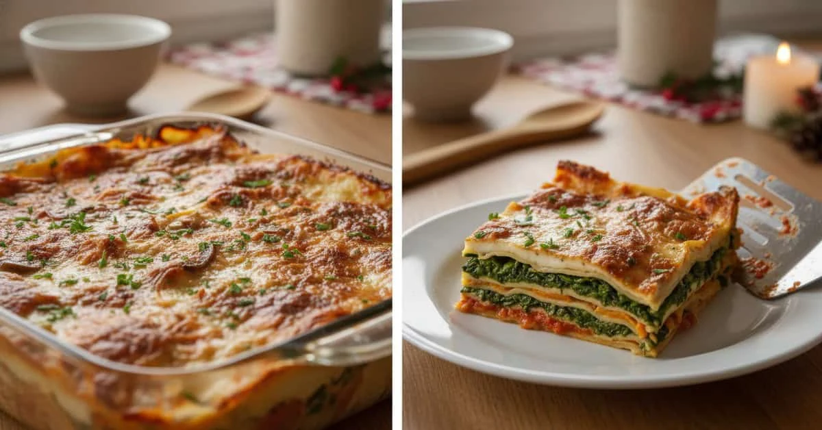 Baked vegetarian lasagne and a serving with spinach
