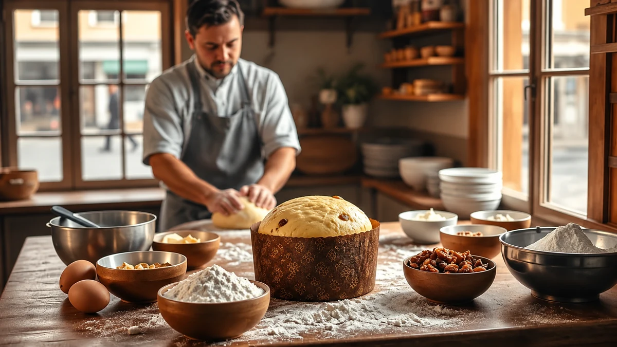 Baker preparing panettone dough in paper moulds