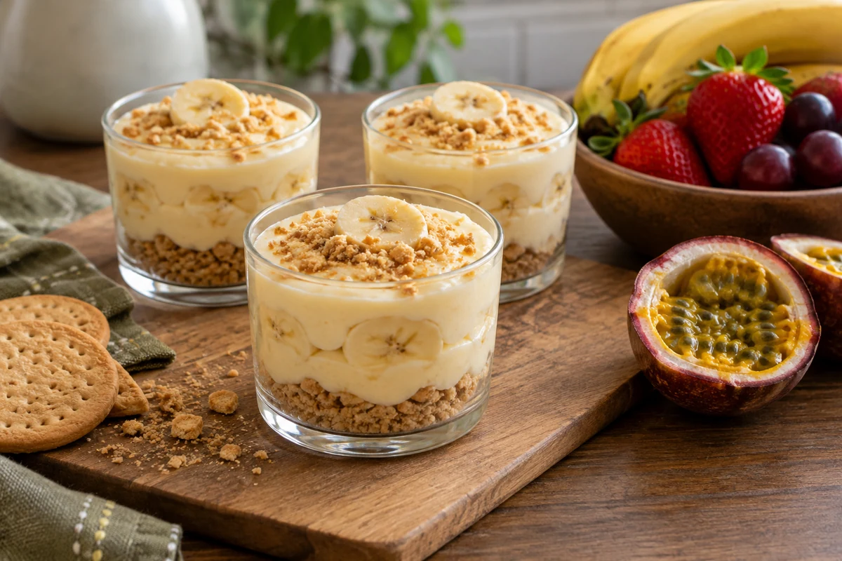 Banana, biscuit cream and fruit desserts