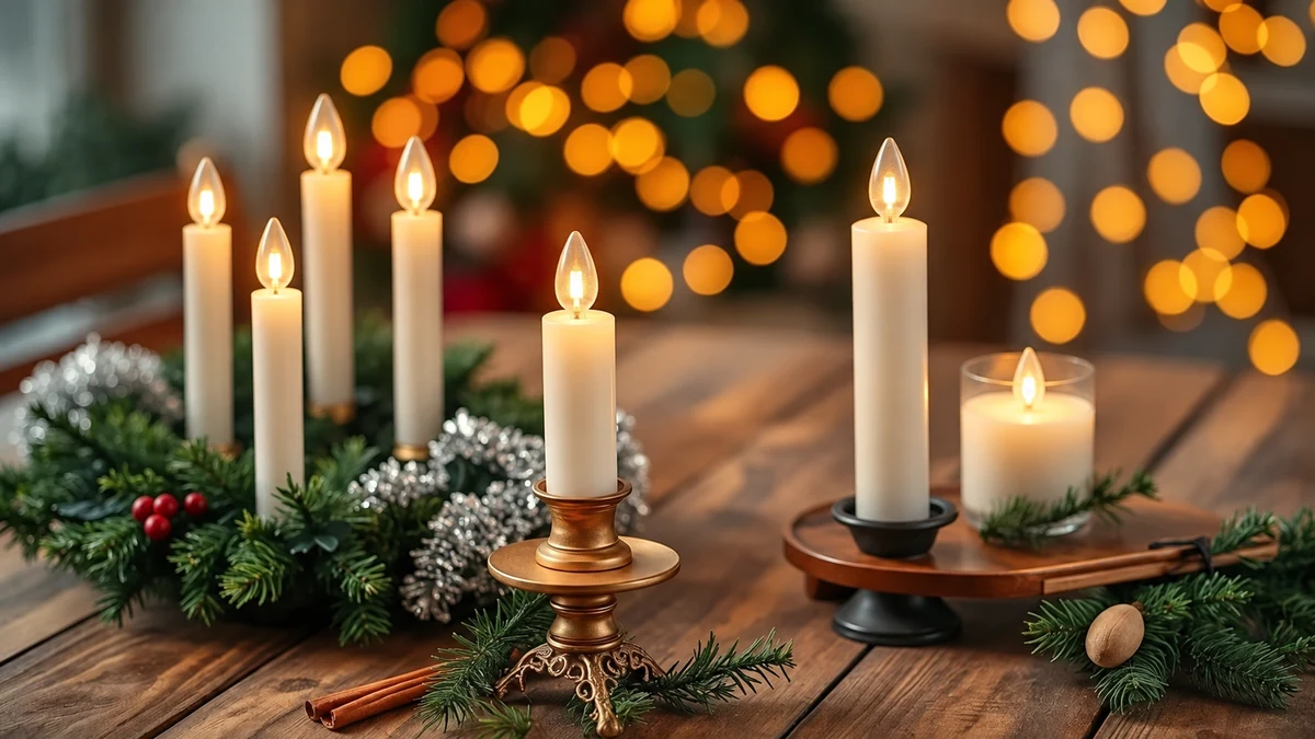 Battery-powered LED candles in a festive arrangement Battery-powered LED candles in a festive arrangement