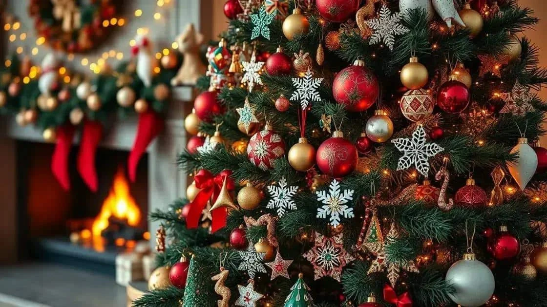 Baubles and snowflake ornaments on a decorated tree Baubles and snowflake ornaments on a decorated tree