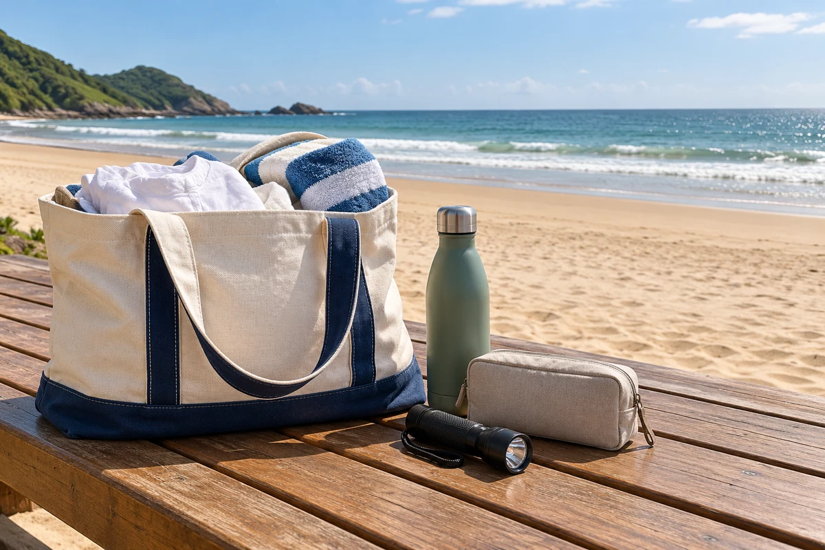 Beach bag with towel water bottle pouch and torch on a wooden bench