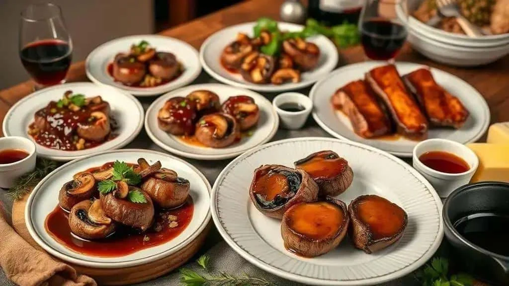 Beef and mushroom dishes arranged as serving variations