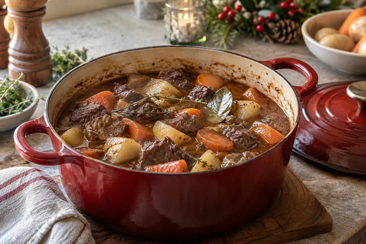 Beef casserole with carrot and potato chunks simmering in a heavy pot, lid resting on the counter