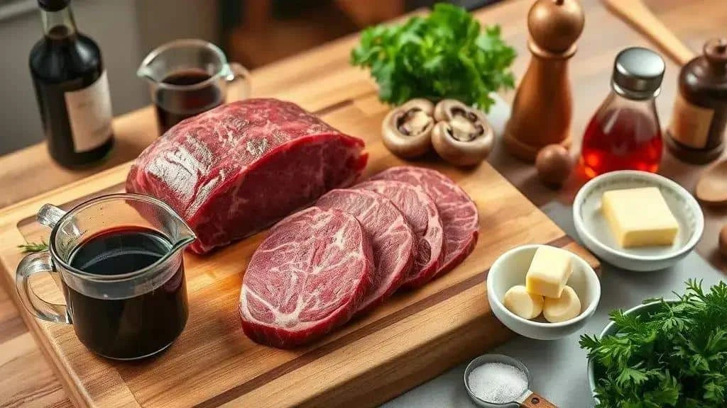 Beef fillet, mushrooms, butter, wine and herbs ready for cooking