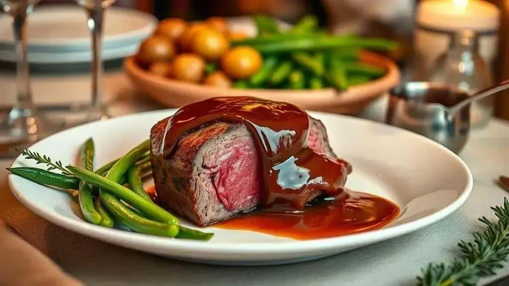 Beef fillet steak with glossy brown sauce and green vegetables