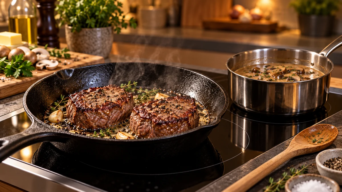 Beef fillet steaks browning beside a saucepan of Madeira mushroom sauce