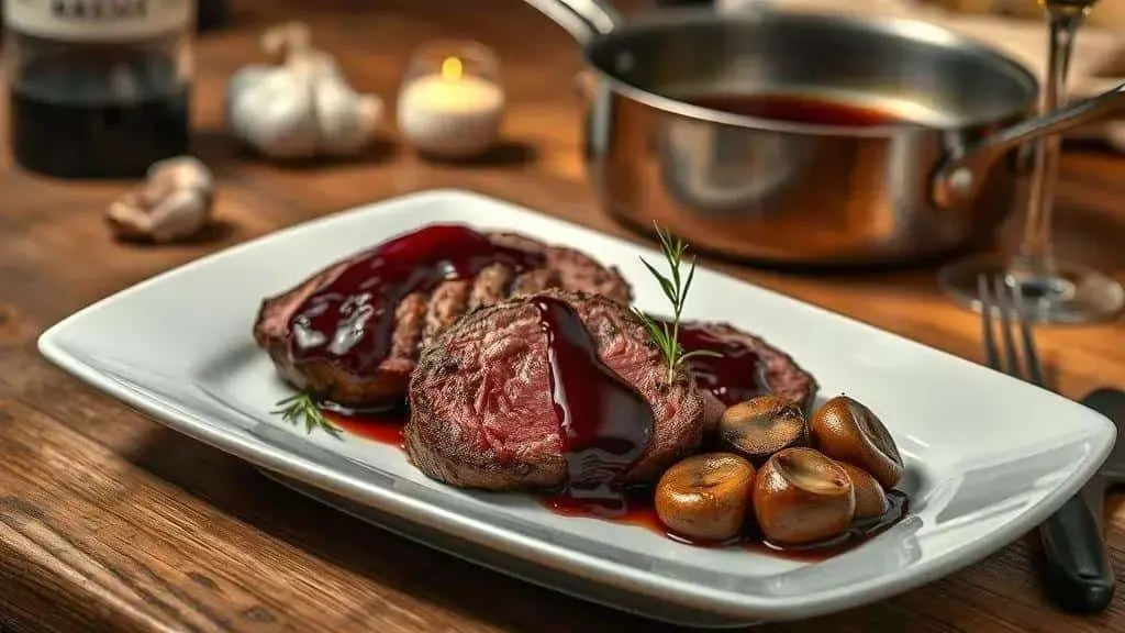 Beef fillet with red wine sauce and mushrooms