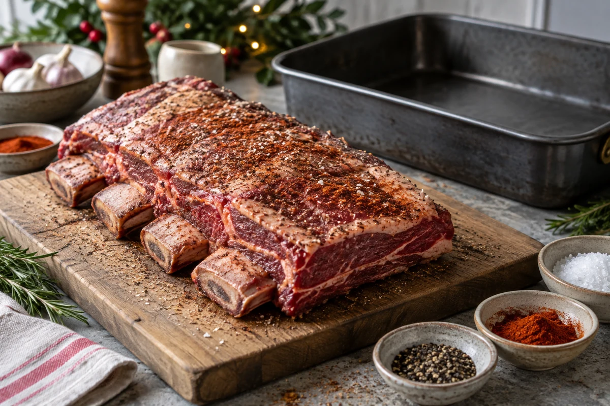 Beef short ribs coated with a paprika and pepper rub Beef short ribs coated with a paprika and pepper rub