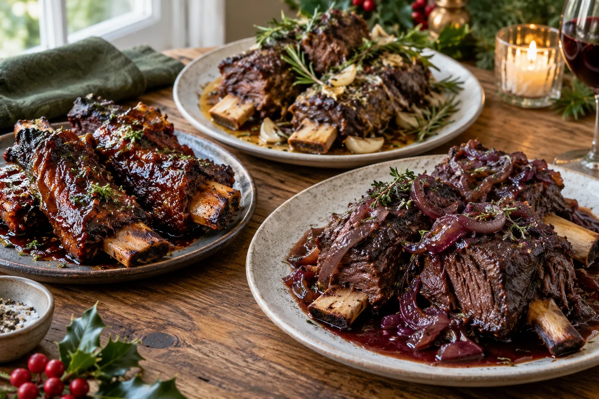 Beef short ribs served with three different sauces Beef short ribs served with three different sauces