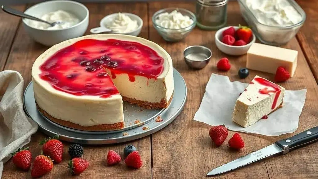 Berry-topped cheesecake slice beside its ingredients